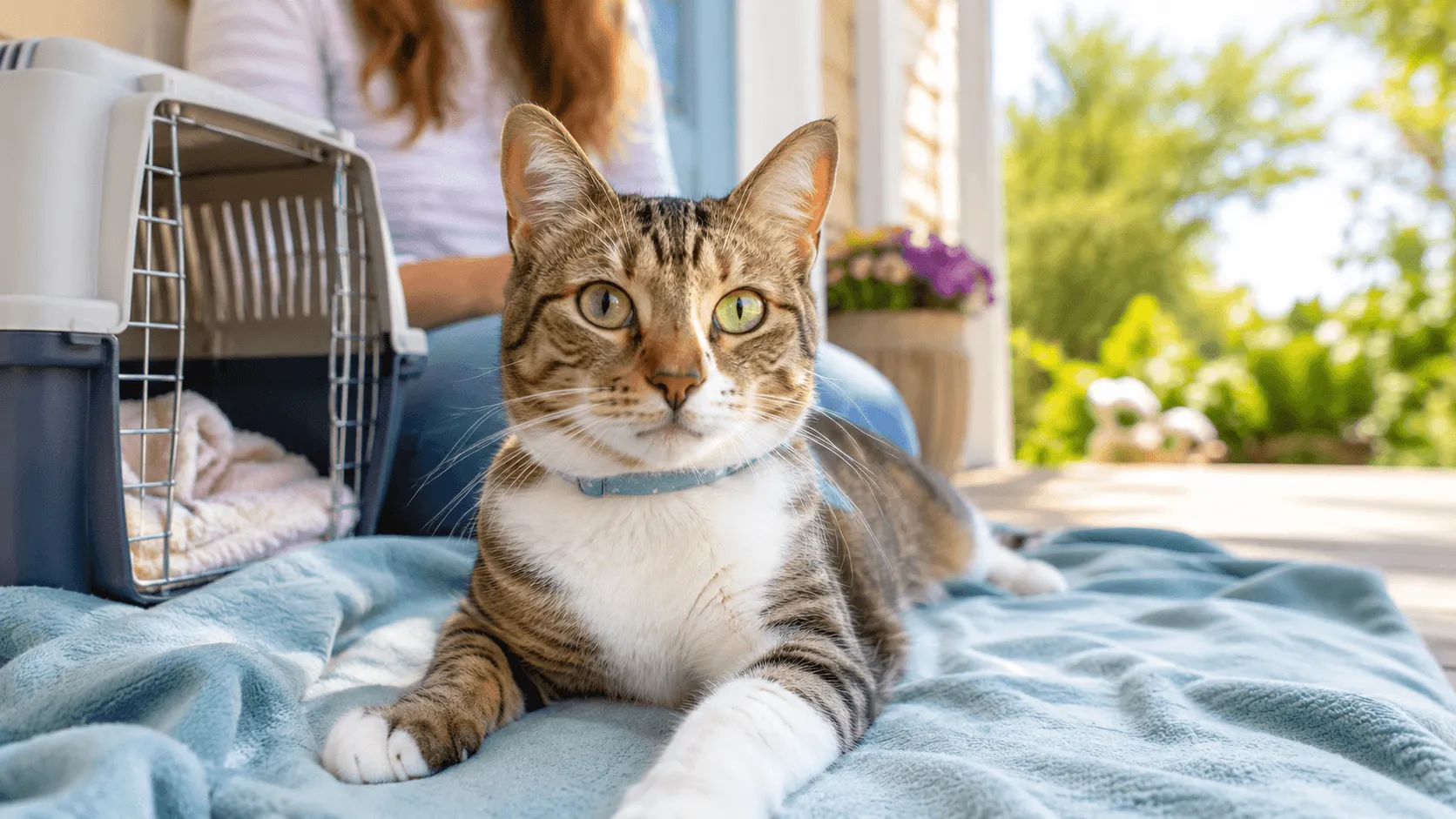 Tabby and white cat resting on a blanket beside an open pet carrier on a sunny porch
