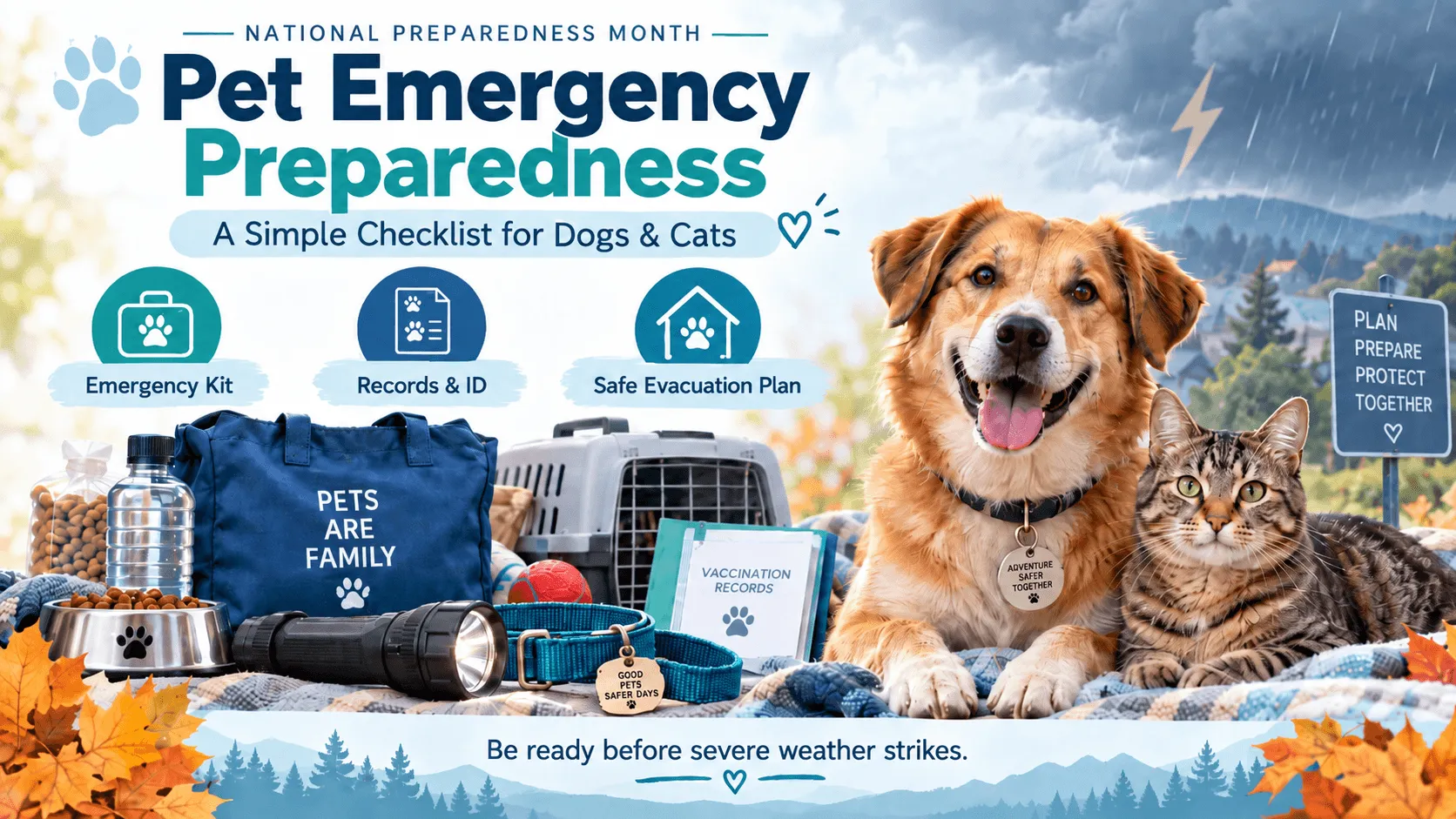 Pet Emergency Preparedness graphic: a simple checklist for dogs and cats with an emergency kit, records and ID, and a safe evacuation plan, beside a dog and a cat